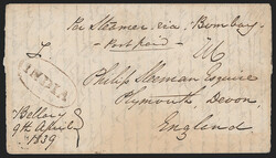 India, Bellary, 1839, "BELLARY/Paid" Framed Handstamp (Giles 6). ...