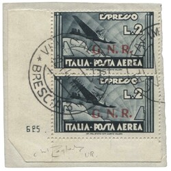 1944 R.S.I. - Posta Aerea 2 lire ardesia - coppia verticale con ...