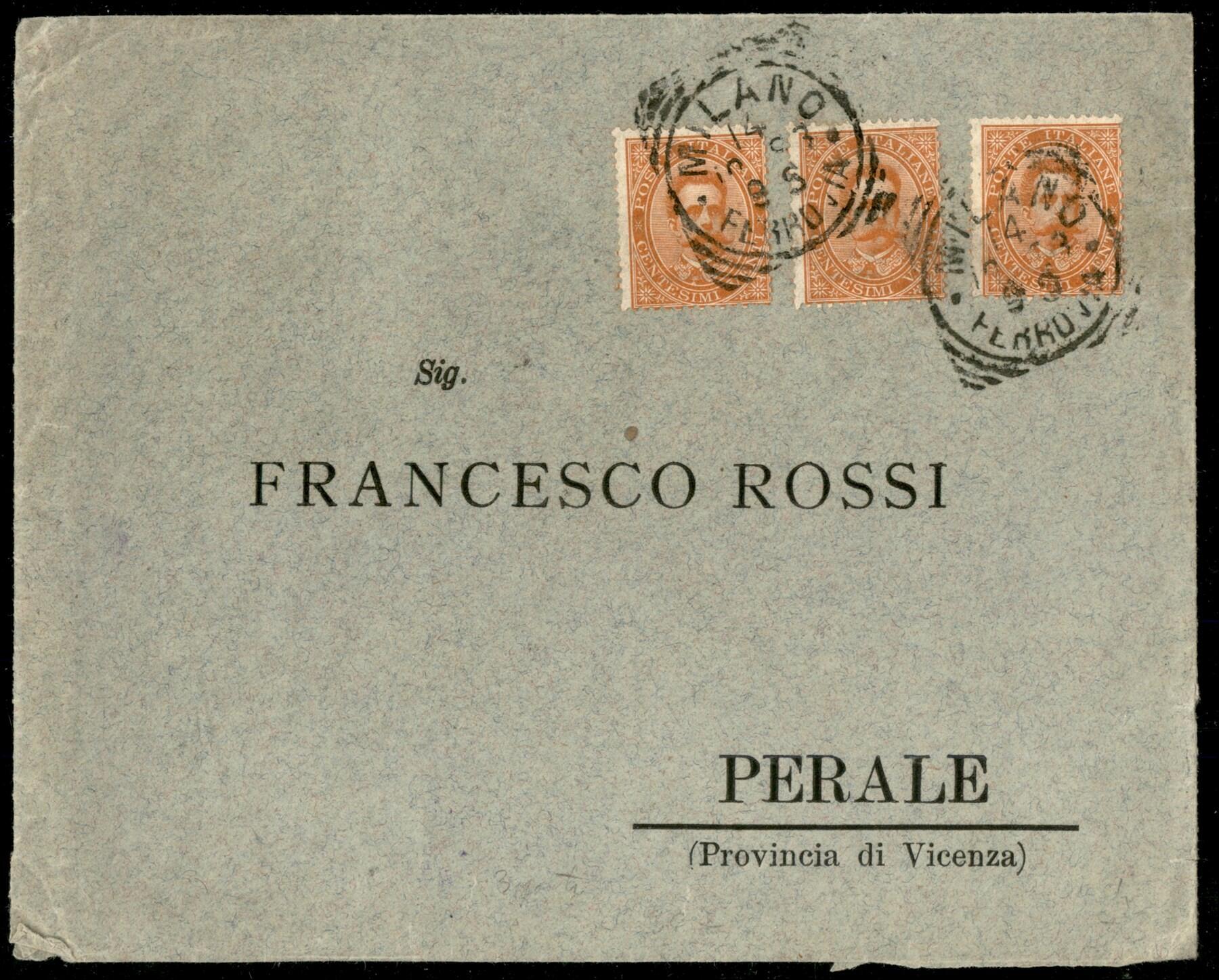 Busta affrancata con tre 20 cent Umberto I (39) da Milano 14.10.93 ...