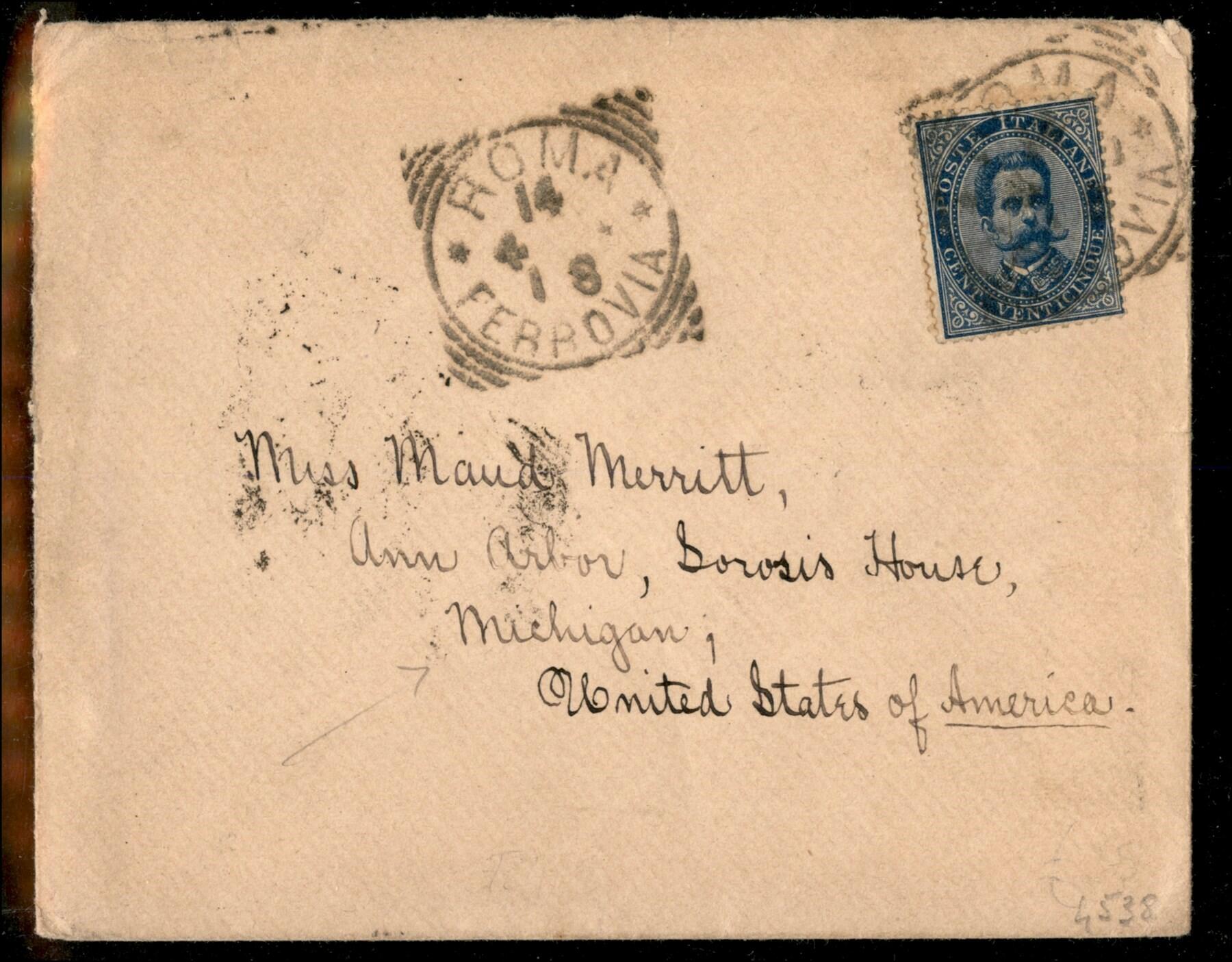 1893 - 25 cent azzurro (40) su busta da Roma 14.4.93 ad Ann Arbor ...