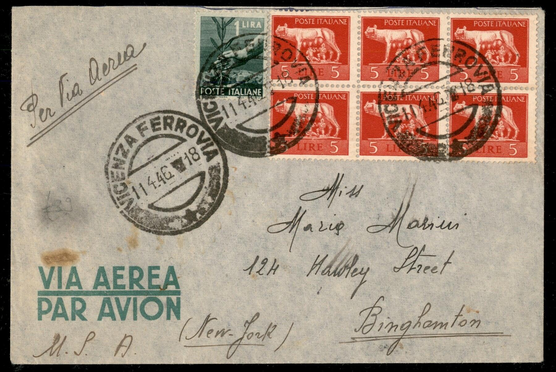 1946 - 5 lire rosso (257) in blocco di sei + 1 lira verde grigio ...