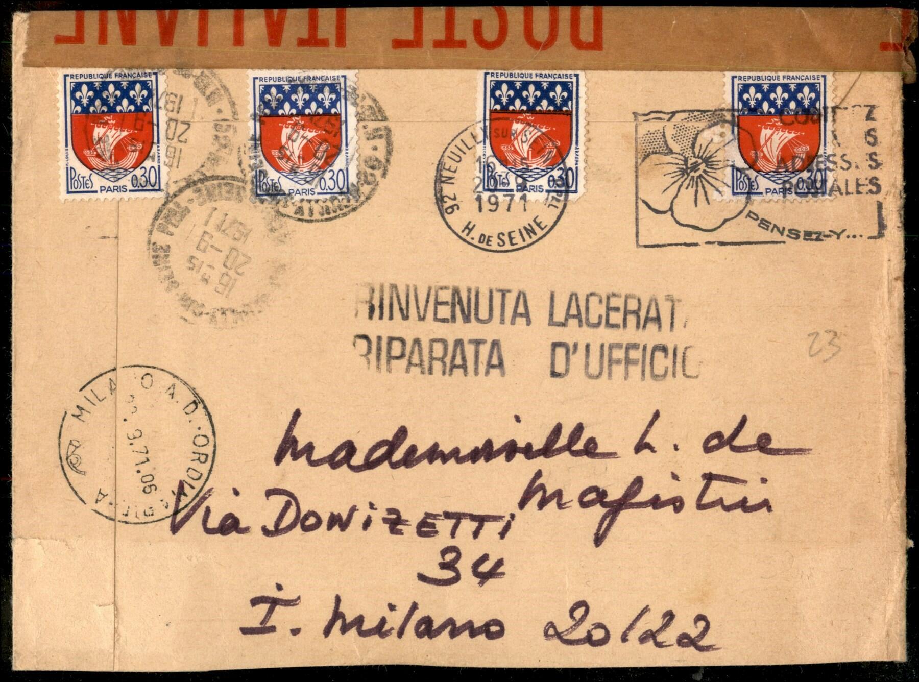 Busta riparata d'ufficio affrancata con quattro 30 cent Stemma ...