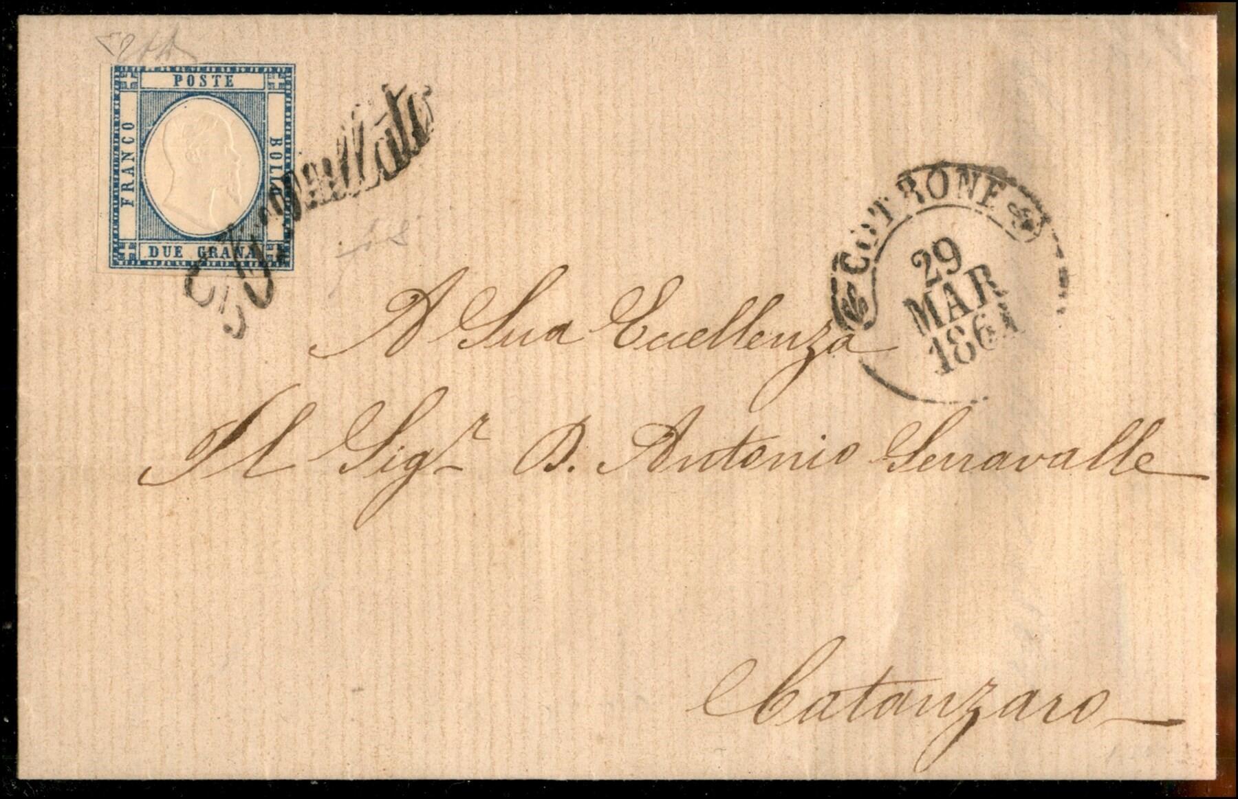 Annullato di Cotrone - 2 grana (20) corto in alto su lettera per ...