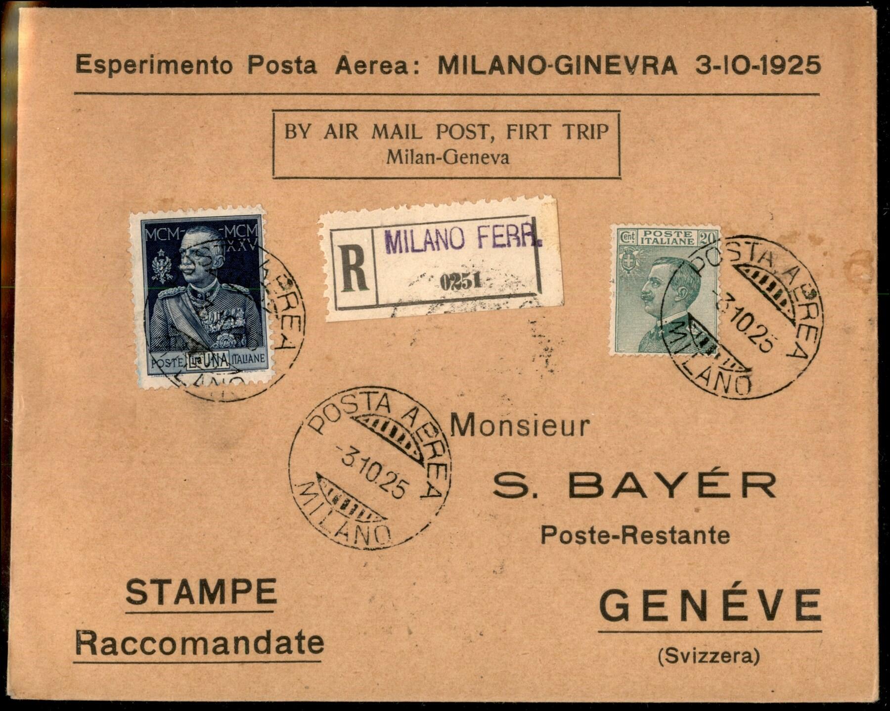 1925 (3 ottobre) - Primo Volo Milano Ginevra - Longhi 1409 - ex coll. ...
