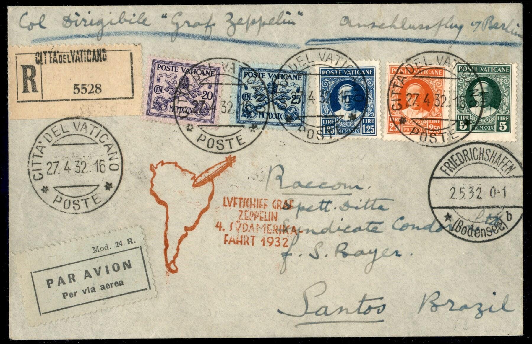1932 (27 aprile) - Zeppelin 4 Sudamerika - aerogramma raccomandato da ...