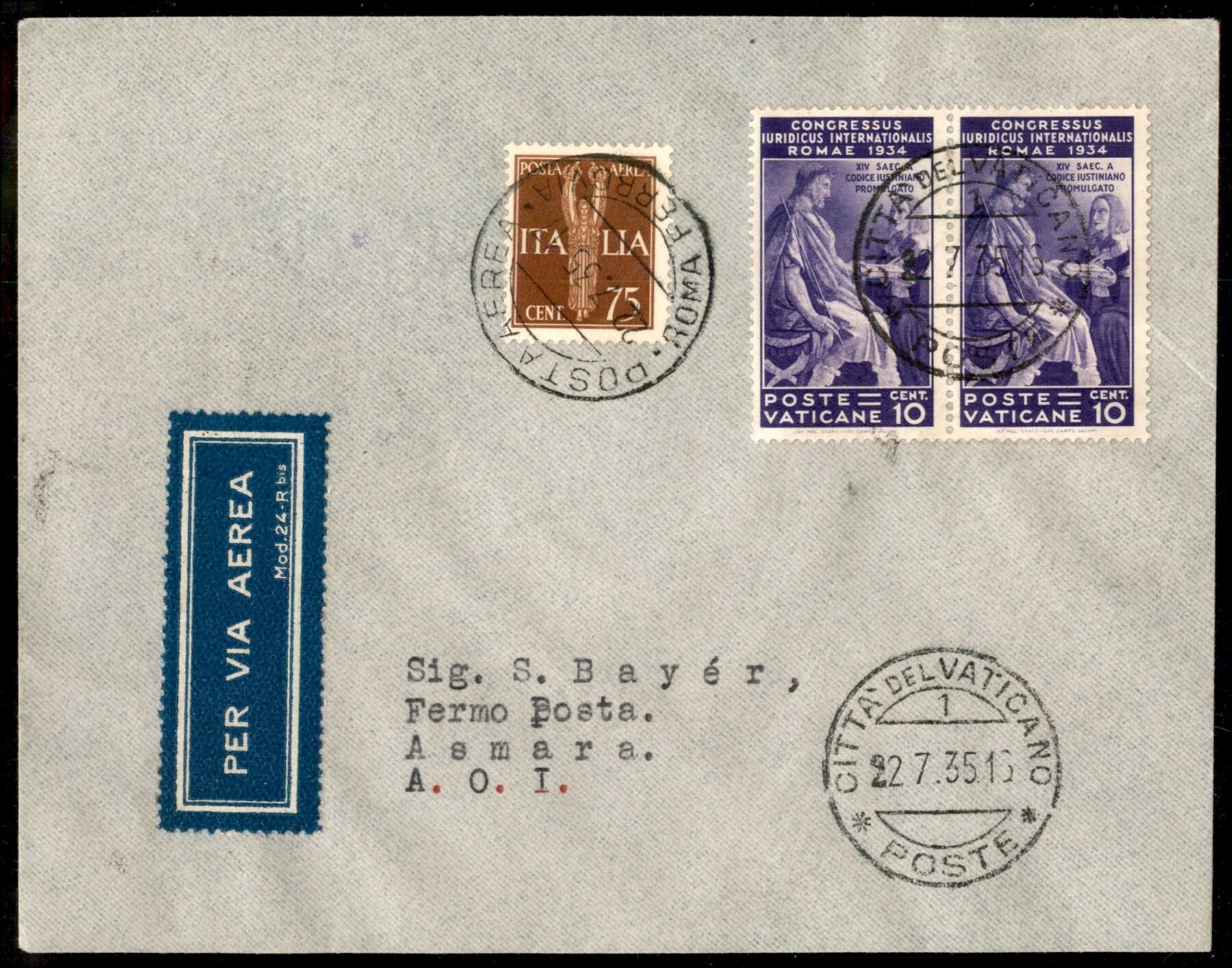 VATICANO ASMARA - 1935 (22 luglio) - Longhi 3289 - Imperial + Ala ...