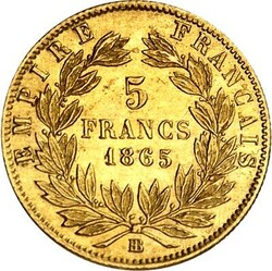 FRANKREICH. Napoleon III. 1852-1870. 5 Francs 1865 BB Strassburg, ...