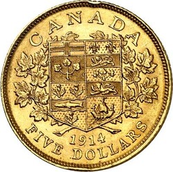 KANADA. 5 Dollar 1914 Gekröntes Brustbild Georg V. n.l. / Wappen, ...
