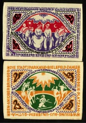 NOTGELD BESONDERER ART. STOFFGELD. Bielefeld, Stadtsparkasse. 25 , 50 ...