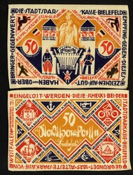 NOTGELD BESONDERER ART. STOFFGELD. Bielefeld, Stadtsparkasse. 50 Mark ...