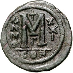BYZANZ. IUSTINIANUS I. 527-565. AE-Follis 34mm ("21"= 547/548) 18,17g ...