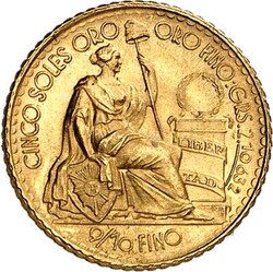 PERU. 5 Soles 1965 Gold 2,16g fein. F. 78, KM. 235. .  Erhaltung: ...