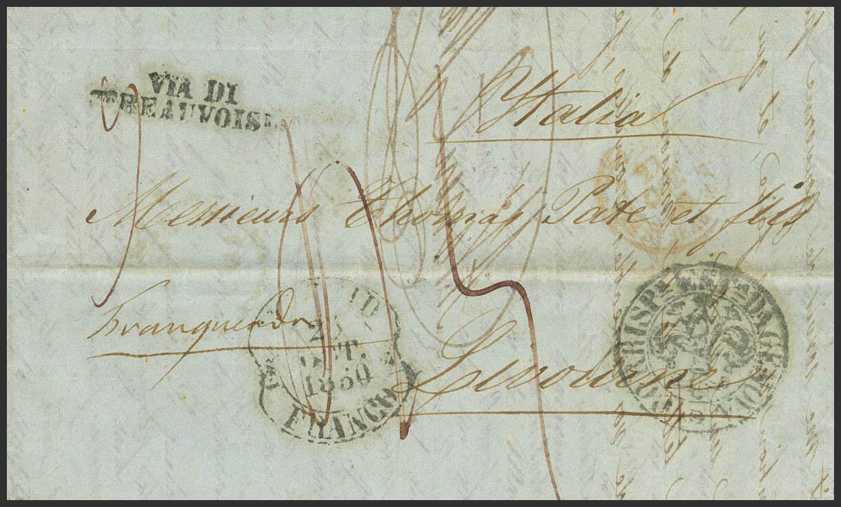 1850. MADRID a LIVORNO. Fechador especial MADRID / FRANCO, en negro ...