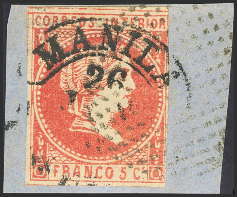 9. 1861. 5 cuartos bermellón, sobre fragmento. Matasello baeza ...