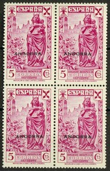 1(4). 1938. 5 cts rosa lila, bloque de cuatro. ANDORRA (valor clave). ...