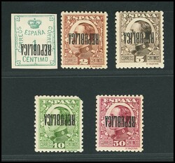 5/13hi. 1931. Serie completa, cinco valores (10 cts verde, defecto ...