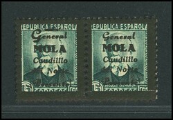 1938. 15 cts verde gris NO EMITIDO, pareja. CAUDILLO CON TRES L" y un ...
