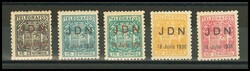 1936. Serie completa, cinco valores, sobre sellos de Telégrafos. ...
