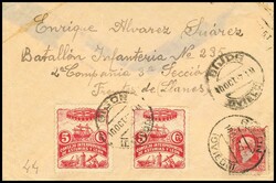 3(2). 1937. 5 cts rojo, dos sellos y 30 cts carmín. CALDONES ...