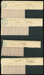 1870. Serie completa GIRO, a falta del 10 cts, en tiras de cuatro a ...