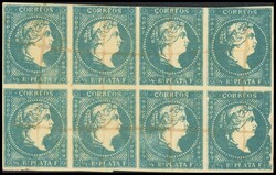 7F(8). 1857. ½ real azul, bloque de ocho FALSO POSTAL (un sello ...