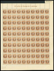 37(100). 1948. 2 cts castaño, hoja completa de cien sellos. La ...