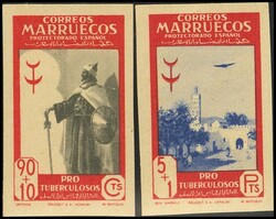 293, 296. 1948. 90 cts + 10 cts rojo y negro y 5 pts + 1 pts rojo y ...