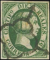 11F. 1851. 10 reales verde. FALSO SPERATI (Tipo A), al dorso marca de ...
