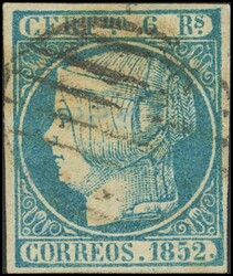 16F. 1852. 6 reales azul. FALSO SPERATI (Tipo B), al dorso marca de ...