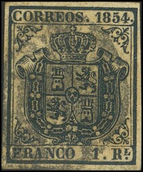 34F. 1854. 1 real azul. FALSO SPERATI (Tipo A), al dorso manuscrito ...
