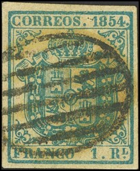34AF. 1854. 1 real azul claro. FALSO SPERATI (Tipo E), al dorso firma ...