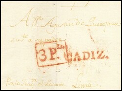 (1800ca). CADIZ a LIMA. Marca CADIZ (P.E.13) edición 2004 y porteo ...