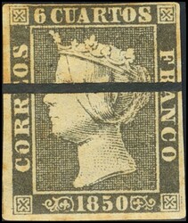 1M. 1850. 6 cuartos negro. Inutilizado con raya de tinta MUESTRA. ...