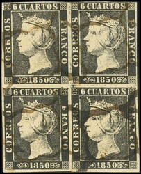 1(4). 1850. 6 cuartos negro, bloque de cuatro. MAGNIFICO.