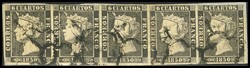 1(5). 1850. 6 cuartos negro, tira de cinco. MAGNIFICO Y ESPECTACULAR.