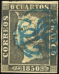 1. 1850. 6 cuartos negro. Matasello de abono anagrama BS", en azul de ...