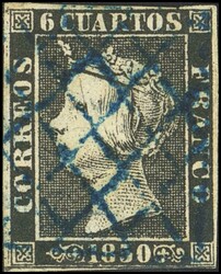 1. 1850. 6 cuartos negro (I-23). Matasello PARRILA DE LERIDA, en azul ...