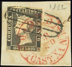1A. 1850. 6 cuartos negro, sobre fragmento. Matasello mixto baeza ...
