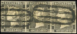 1(3). 1850. 6 cuartos negro, tira de tres (I-21, 22, 23). Matasello ...
