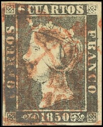 1A. 1850. 6 cuartos negro. Matasello mixto baeza y PARRILLA, en rojo ...