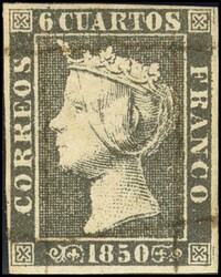 1A. 1850. 6 cuartos negro. Inutilizado con matasello manuscrito ...