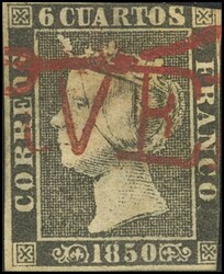 1A. 1850. 6 cuartos negro. Matasello prefilatélico CORVERA, en rojo. ...