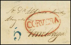 1A. 1850. 6 cuartos negro. Matasello prefilatélico CORVERA, en rojo. ...