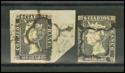 1, 1A. 1850. Conjunto de dos sellos del 6 cuartos negro (Tipo I y II) ...