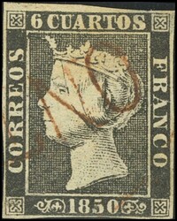 1A. 1850. 6 cuartos negro. Matasello prefilatélico ONTANEDA, en rojo ...