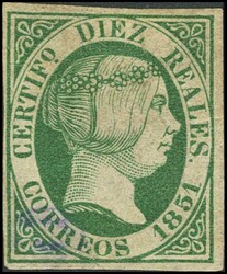 11. 1851. 10 reales verde. MAGNIFICO. Cert. CEM