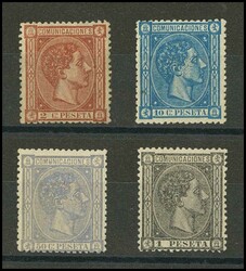 162, 164, 168, 169. 1875. 2 cts castaño, 10 cts azul, 50 cts lila y ...