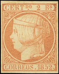 14. 1852. 2 reales naranja. Grandes márgenes y color intenso. PIEZA ...