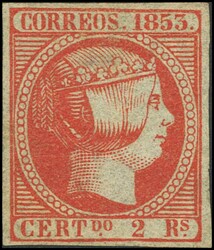 19. 1853. 2 reales bermellón. Márgenes excepcionales y color ...