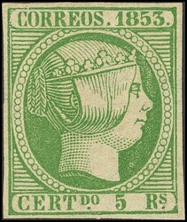 20. 1853. 5 reales verde. MAGNIFICO Y MUY RARO EN NUEVO. Cert. COMEX